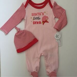 NEW (3-6M) Baby Footie and Matching Hat Pink + Red Stripe “Santa's Little Diva”